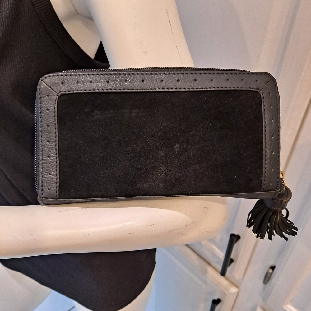 Miss Selfridge Black Suede And Perforated Leather Zippered Wallet